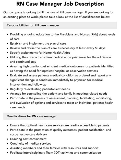 job description for rn case management